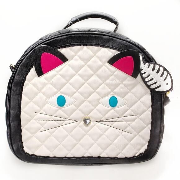 Betsey Johnson Quilted Cat Carry On Travel Bag Fishbone Charm Floral Lining NWOT - Picture 1 of 11